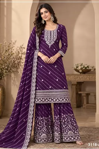 Purple georgette semi stitched suit with embroidery & zari work