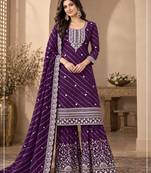 Purple georgette semi stitched suit with embroidery & zari work