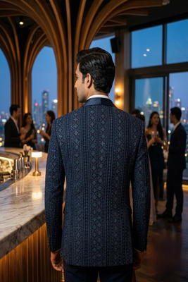 Teal blue thread and sequins embroidered tuxedo suit 4