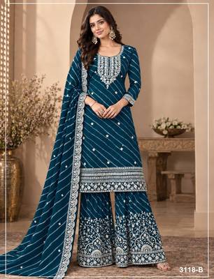 Teal georgette semi stitched suit with embroidery & zari work 1