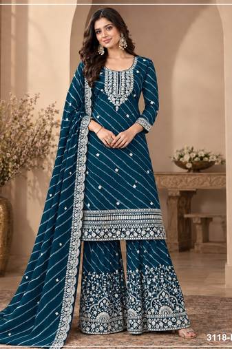 Teal georgette semi stitched suit with embroidery & zari work