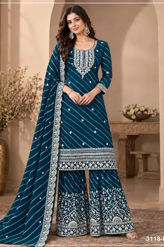 Teal georgette semi stitched suit with embroidery & zari work