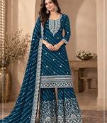 Teal georgette semi stitched suit with embroidery & zari work