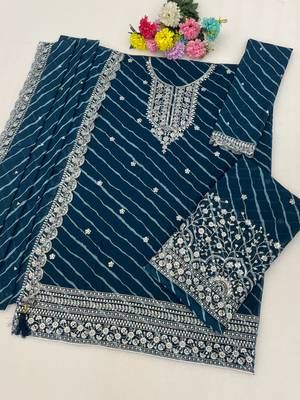 Teal georgette semi stitched suit with embroidery & zari work 2
