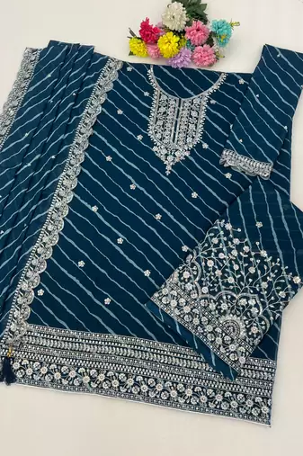 Teal georgette semi stitched suit with embroidery & zari work