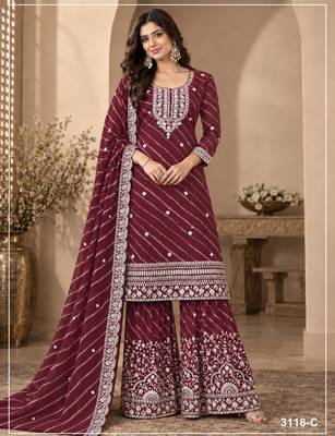 Maroon georgette semi stitched suit with embroidery & zari work 1