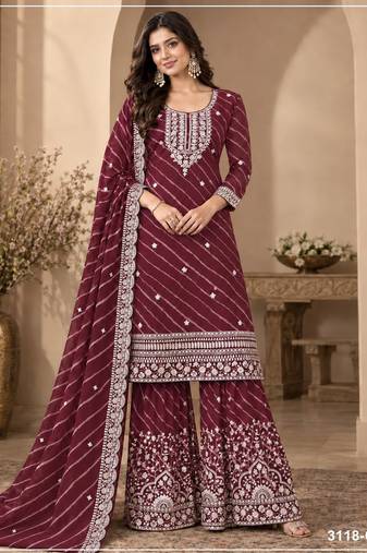 Maroon georgette semi stitched suit with embroidery & zari work