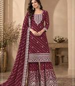 Maroon georgette semi stitched suit with embroidery & zari work