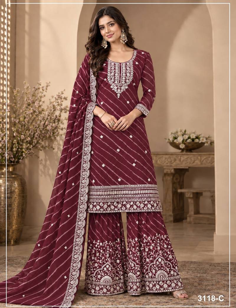 Maroon georgette semi stitched suit with embroidery & zari work