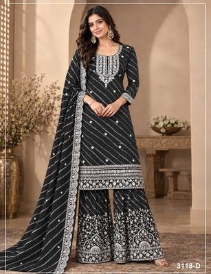 Black georgette semi stitched suit with embroidery & zari work 1