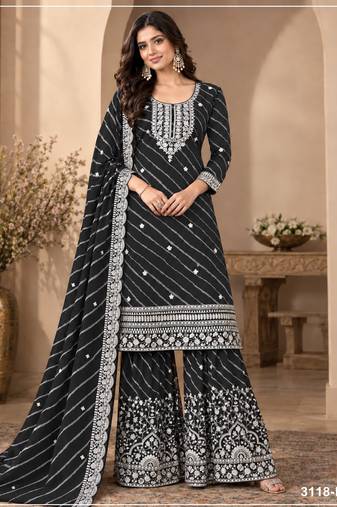 Black georgette semi stitched suit with embroidery & zari work