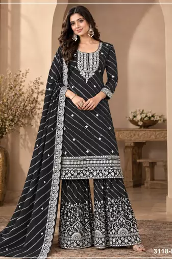 Black georgette semi stitched suit with embroidery & zari work