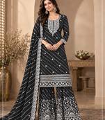 Black georgette semi stitched suit with embroidery & zari work