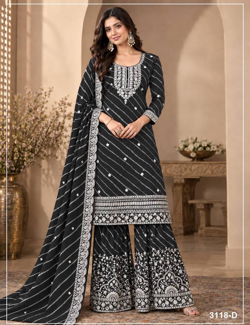 Black georgette semi stitched suit with embroidery & zari work