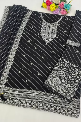 Black georgette semi stitched suit with embroidery & zari work