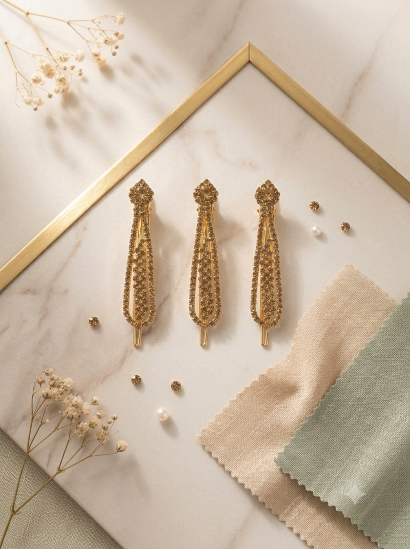 Sparkling rhinestone studded gold saree brooch pins-Set of 3