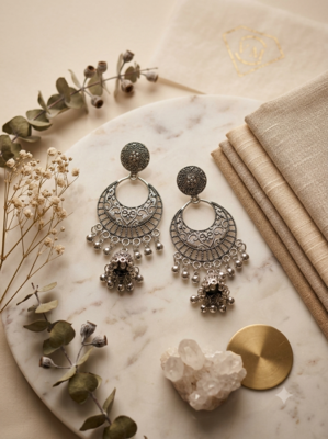 Oxidized silver crescent mirror work chandbali jhumka earrings 1