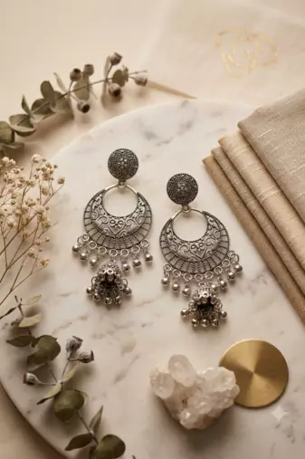 Oxidized silver crescent mirror work chandbali jhumka earrings