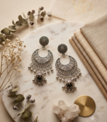 Oxidized silver crescent mirror work chandbali jhumka earrings