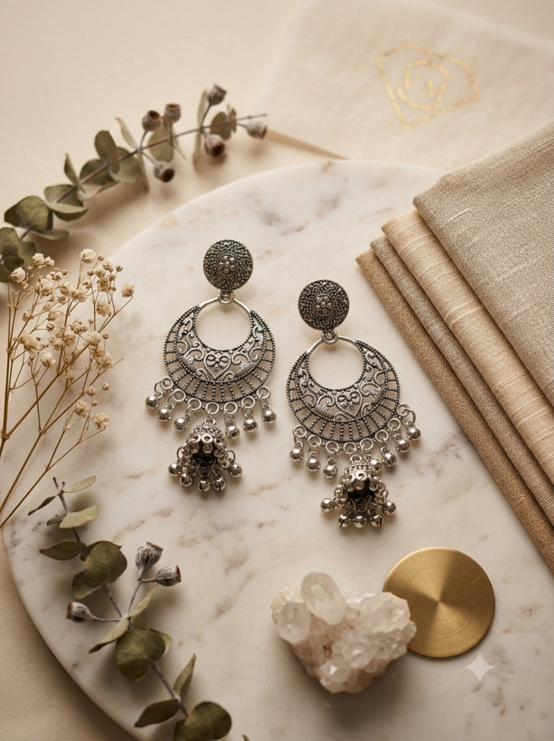 Oxidized silver crescent mirror work chandbali jhumka earrings