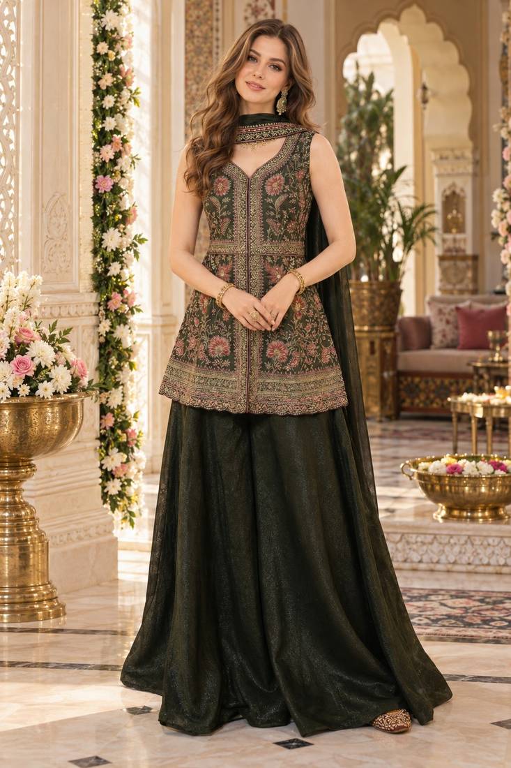 mehendi georgette readymade suit with multi embroidery & sequence work
