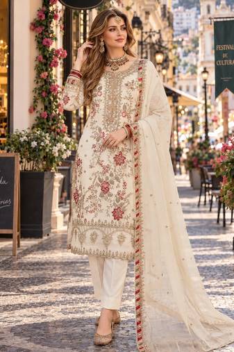 white chiffon semi stitched suit with embroidery & sequence work