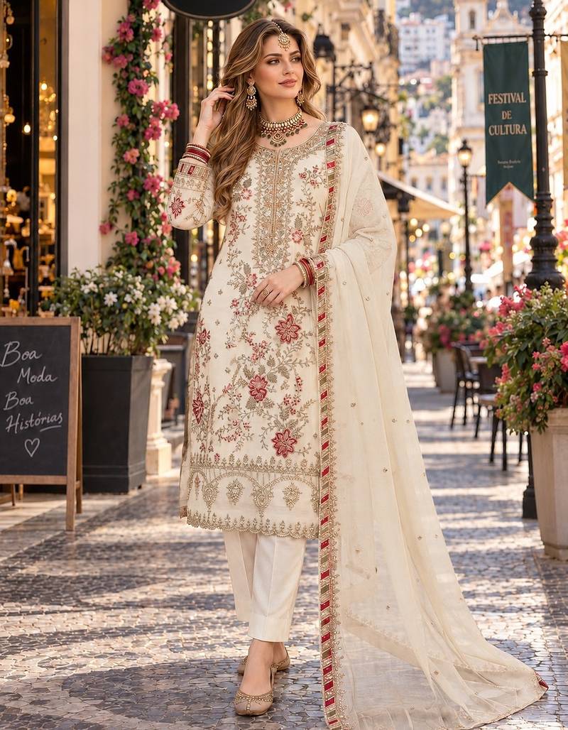 white chiffon semi stitched suit with embroidery & sequence work