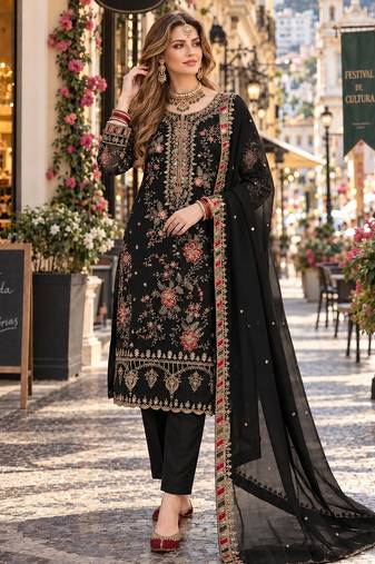 black chiffon semi stitched suit with embroidery & sequence work