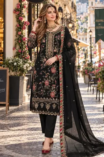 black chiffon semi stitched suit with embroidery & sequence work