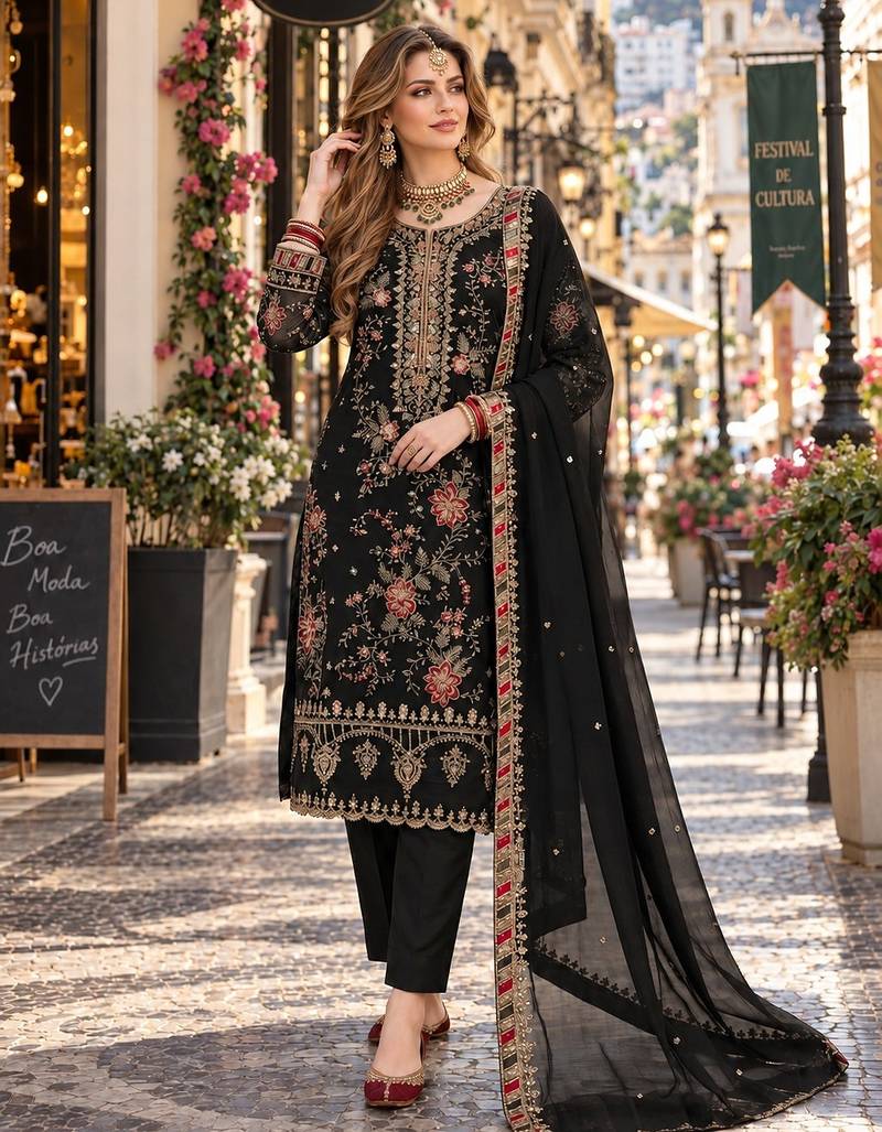 black chiffon semi stitched suit with embroidery & sequence work