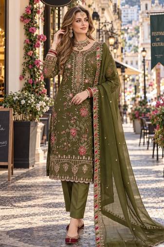 mehendi chiffon semi stitched suit with embroidery & sequence work
