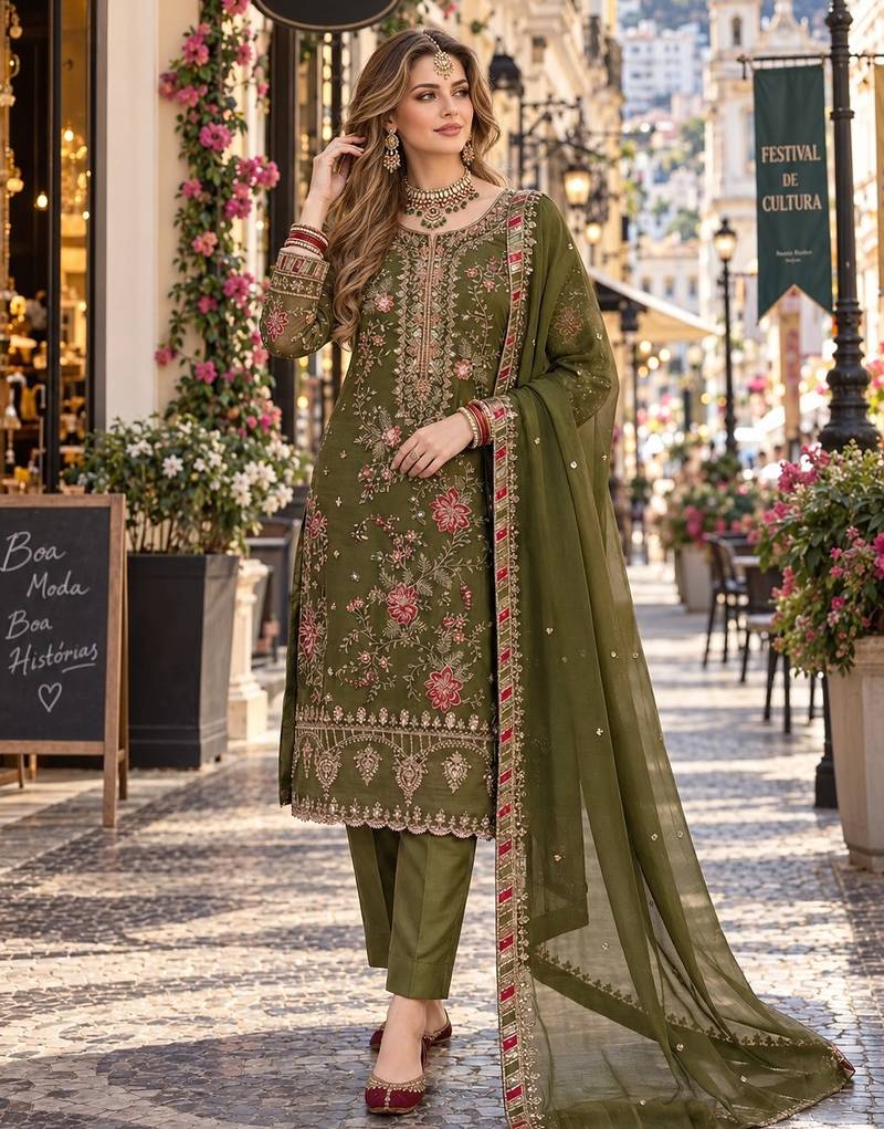 mehendi chiffon semi stitched suit with embroidery & sequence work