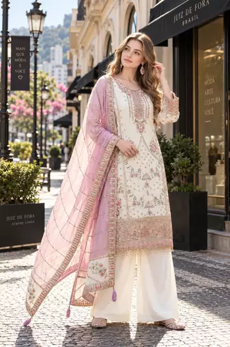 white fox georgette semi stitched suit with embroidery & khatli work