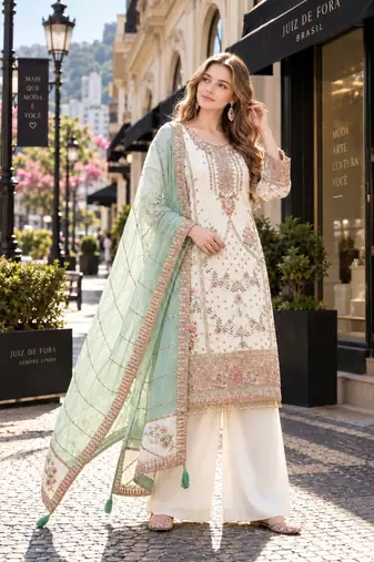 white fox georgette semi stitched suit with embroidery & khatli work
