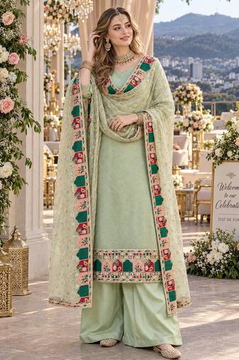 green georgette stitched semi stitched suit with embroidery & sequence work