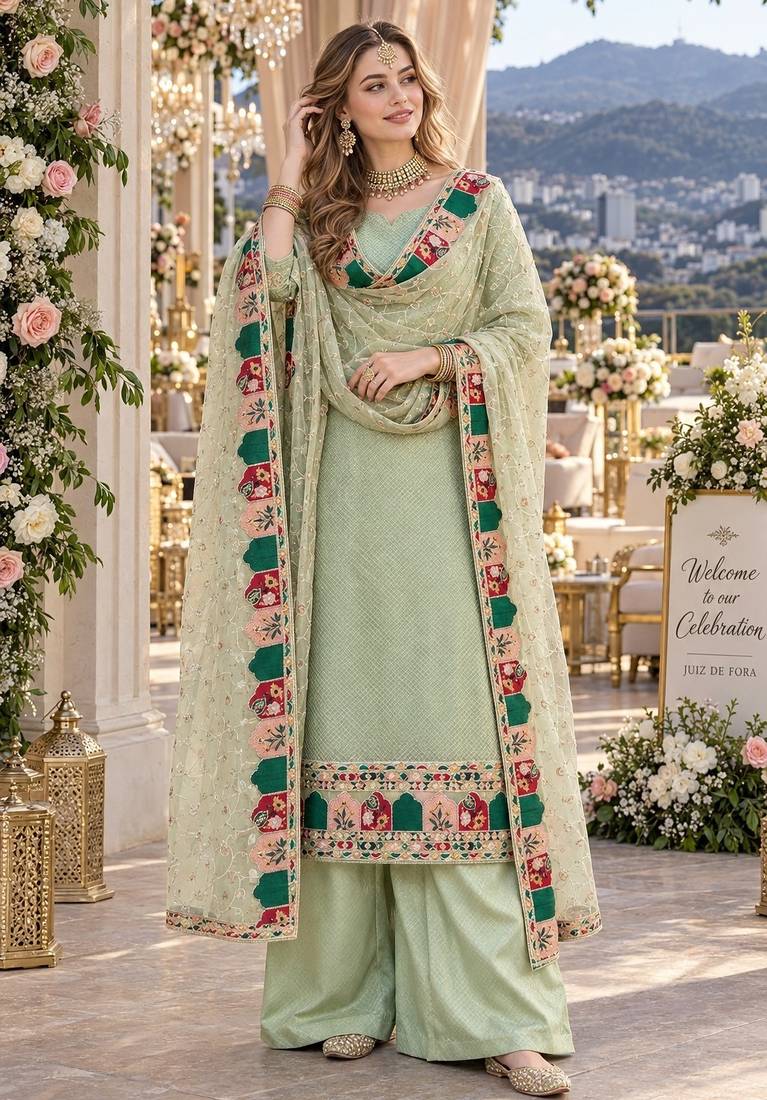 green georgette stitched semi stitched suit with embroidery & sequence work