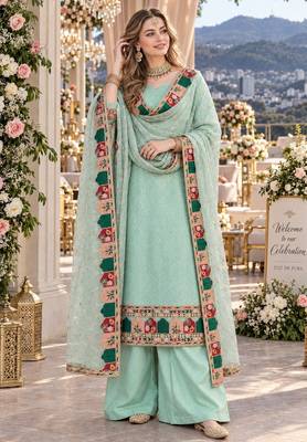 sky georgette stitched semi stitched suit with embroidery & sequence work 1