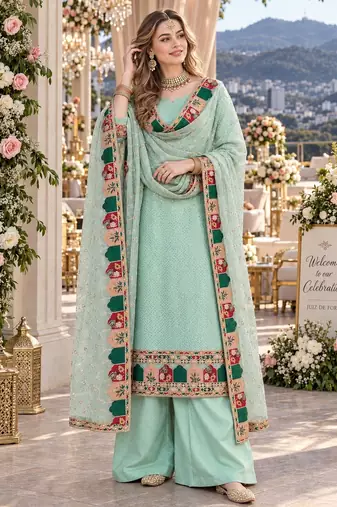 sky georgette stitched semi stitched suit with embroidery & sequence work