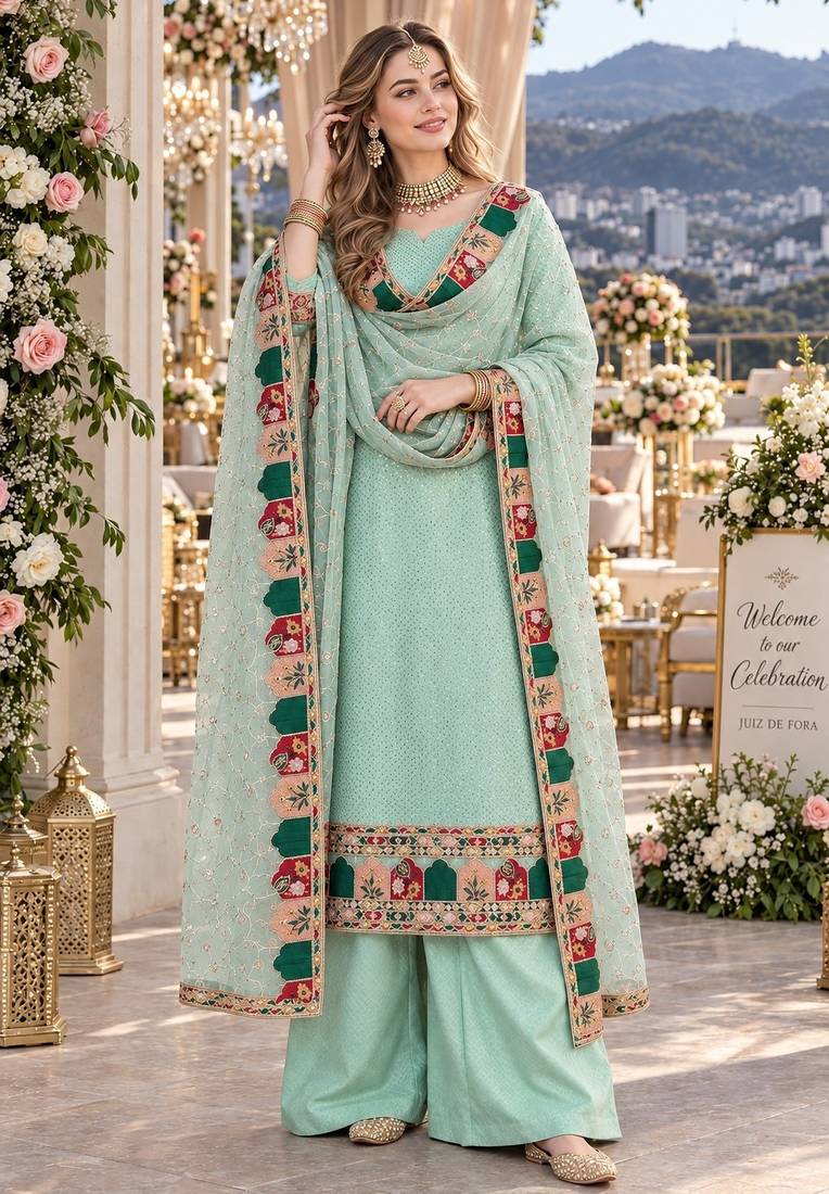 sky georgette stitched semi stitched suit with embroidery & sequence work