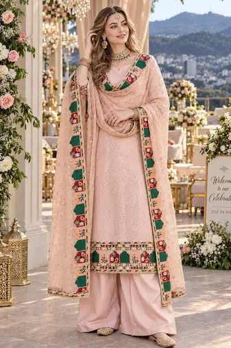 pink georgette stitched semi stitched suit with embroidery & sequence work