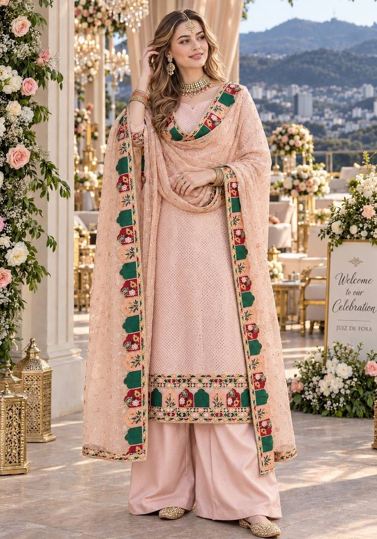 pink georgette stitched semi stitched suit with embroidery & sequence work