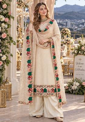 beige georgette stitched semi stitched suit with embroidery & sequence work 1