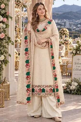 beige georgette stitched semi stitched suit with embroidery & sequence work
