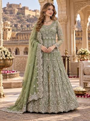 green net semi stitched anarkali suit with embroidery & diamond work 1