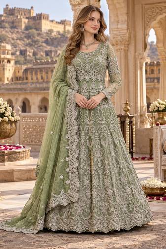 green net semi stitched anarkali suit with embroidery & diamond work
