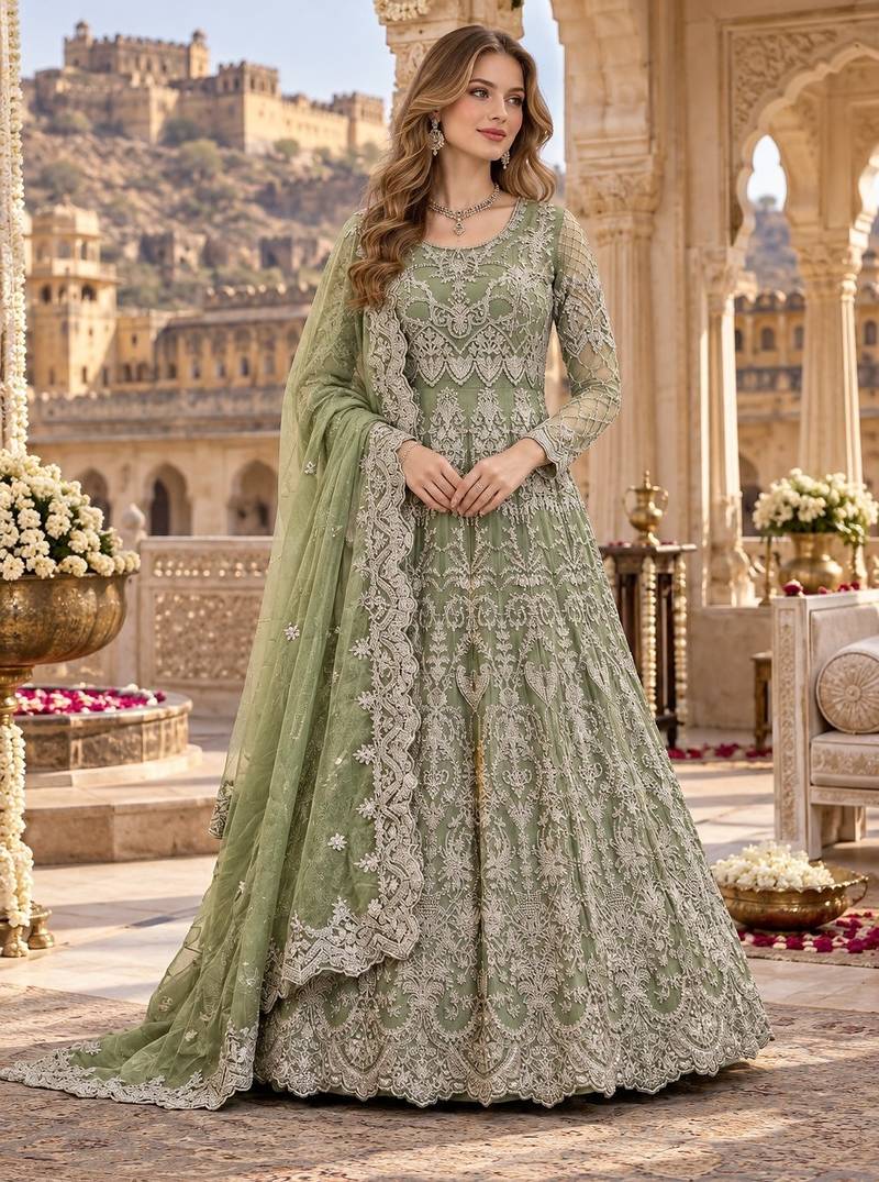 green net semi stitched anarkali suit with embroidery & diamond work