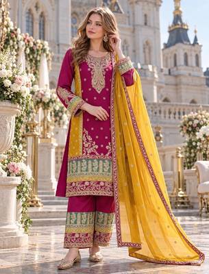 rani pink chinon semi stitched suit with embroidery sequence work 1