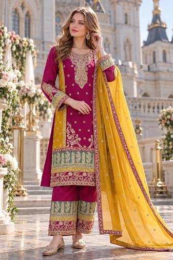 rani pink chinon semi stitched suit with embroidery sequence work