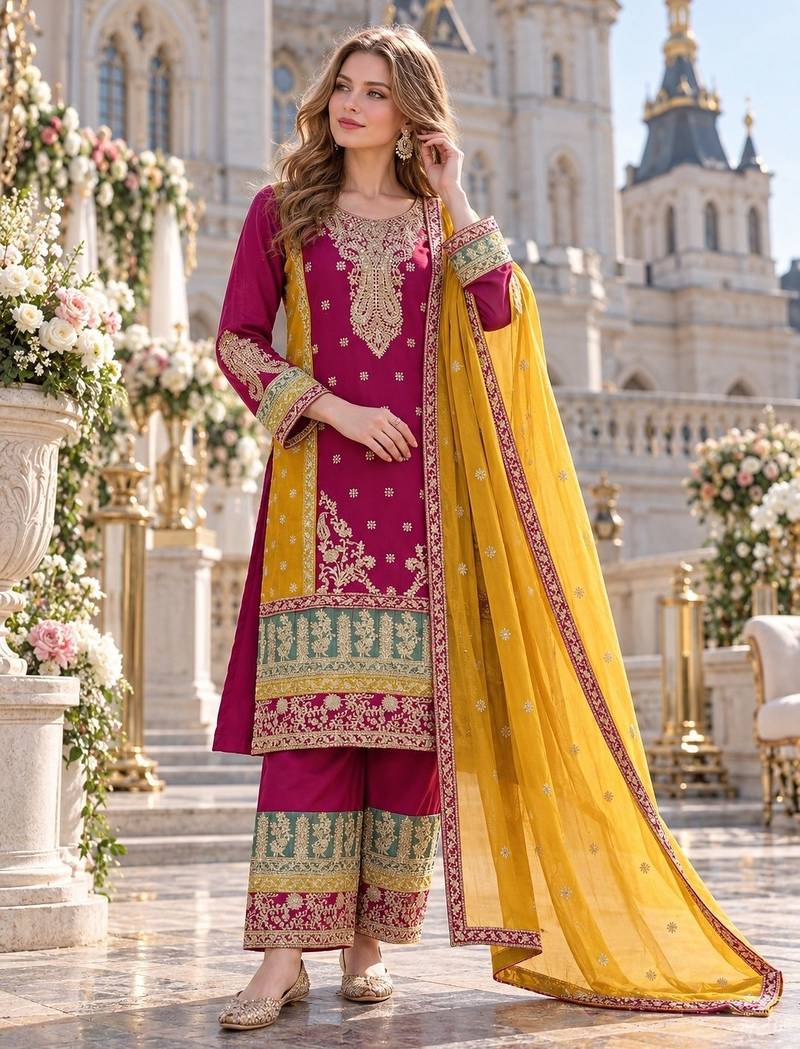 rani pink chinon semi stitched suit with embroidery sequence work