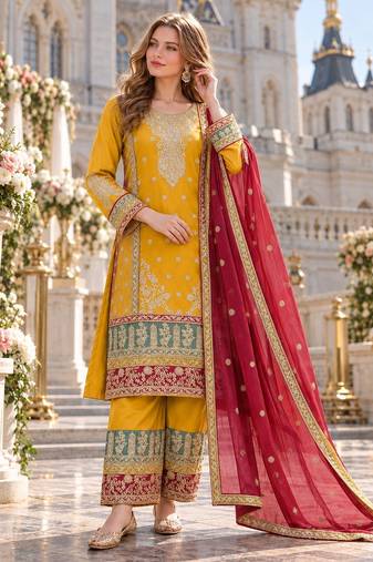 yellow chinon semi stitched suit with embroidery sequence work